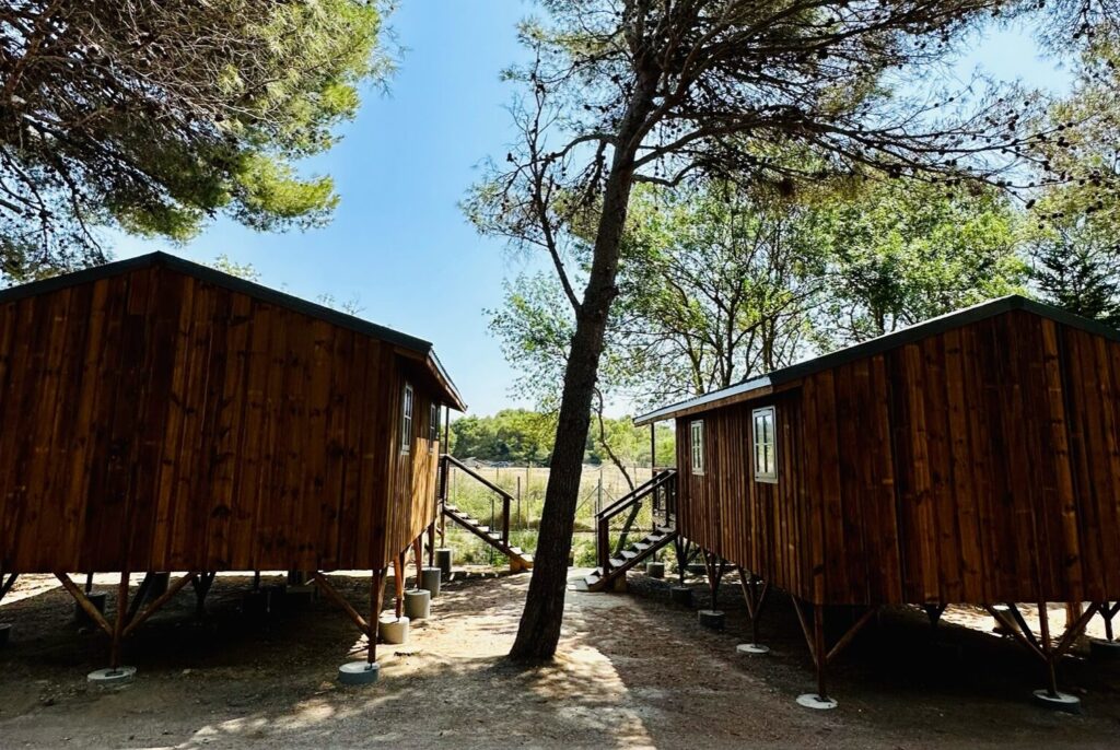 camping sigean - vue des lodges pilotis privilège - vue sur la Réserve africaine